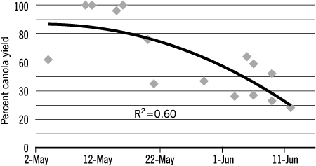 Figure 3. Percent of canola yield by planting date at North Central REC, Minot, averaged for 1998, 2010 and 2011.