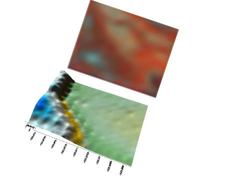 Figure 15. A 30-acre field near Beach, N.D., in lentils, with topography map based on altitude stream from the Veris EC collection operation, with the satellite image above to indicate similarities in patterns.