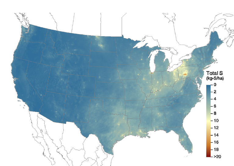 Figure 1. National atmospheric deposition map of total S in kilograms of S per hectare. To convert to pounds of S per acre, multiply the scale by 0.87.