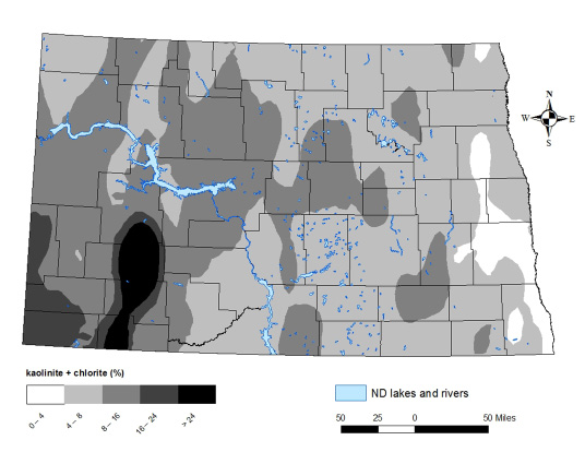 Figure 13. Kaolinite plus chlorite content in soil clay fraction in North Dakota. Chlorite is a non-expanding 2:1 clay with similar CEC and shrinking/swelling properties of kaolinites. Chlorite was a small portion in all samples. The kaolinite content of clay minerals in the area near Dickinson in Stark, Adams and Hettinger counties was as high as 78 percent.