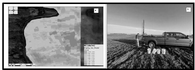 A map showing electrical conductivity from EM38 and a picture of soil sampling for EC characterization.