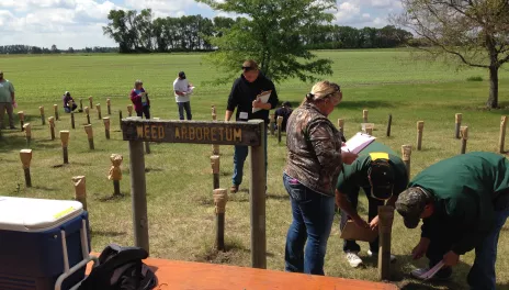 People reviewing the living weed display at the Carrington Research Extensnion Center