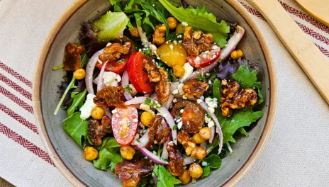 Tomato Salad with Blue Cheese and Candied Walnuts with Greens