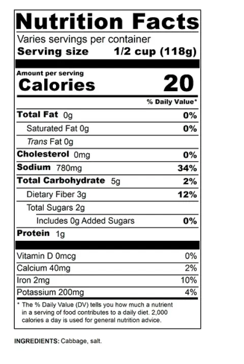 Sauerkraut food label: low in calories but high in sodium (30%) of daily intake