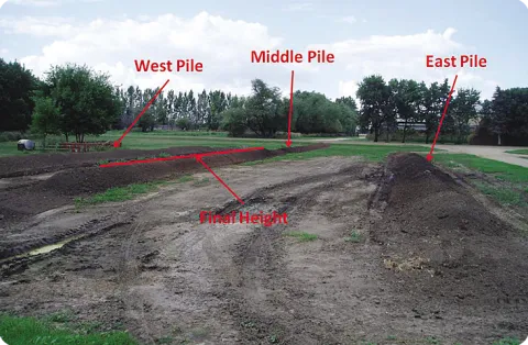 Figure 2. Composted bedded feedlot manure. The west pile is visible, and the middle pile's final height is greatly reduced (photo NDSU Carrington Research Extension Center).