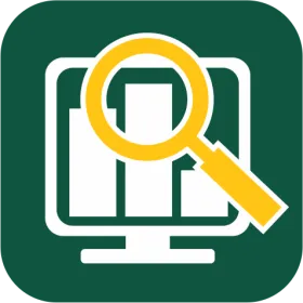 App icon with yellow magnifying glass and white computer