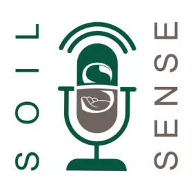 the icon for the Soil Sense podcast features the a green and gray graphic depicting a microphone with a vine forming the letter "S" in it's center.