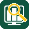 An app icon with a green background with a magnifying glass in yellow over a computer screen displaying a bar chart in white.