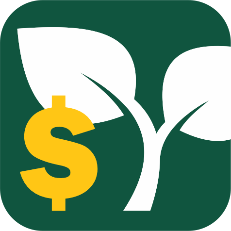 An app icon with a green background with a smaller dollar sign in yellow and a larger plant in white.