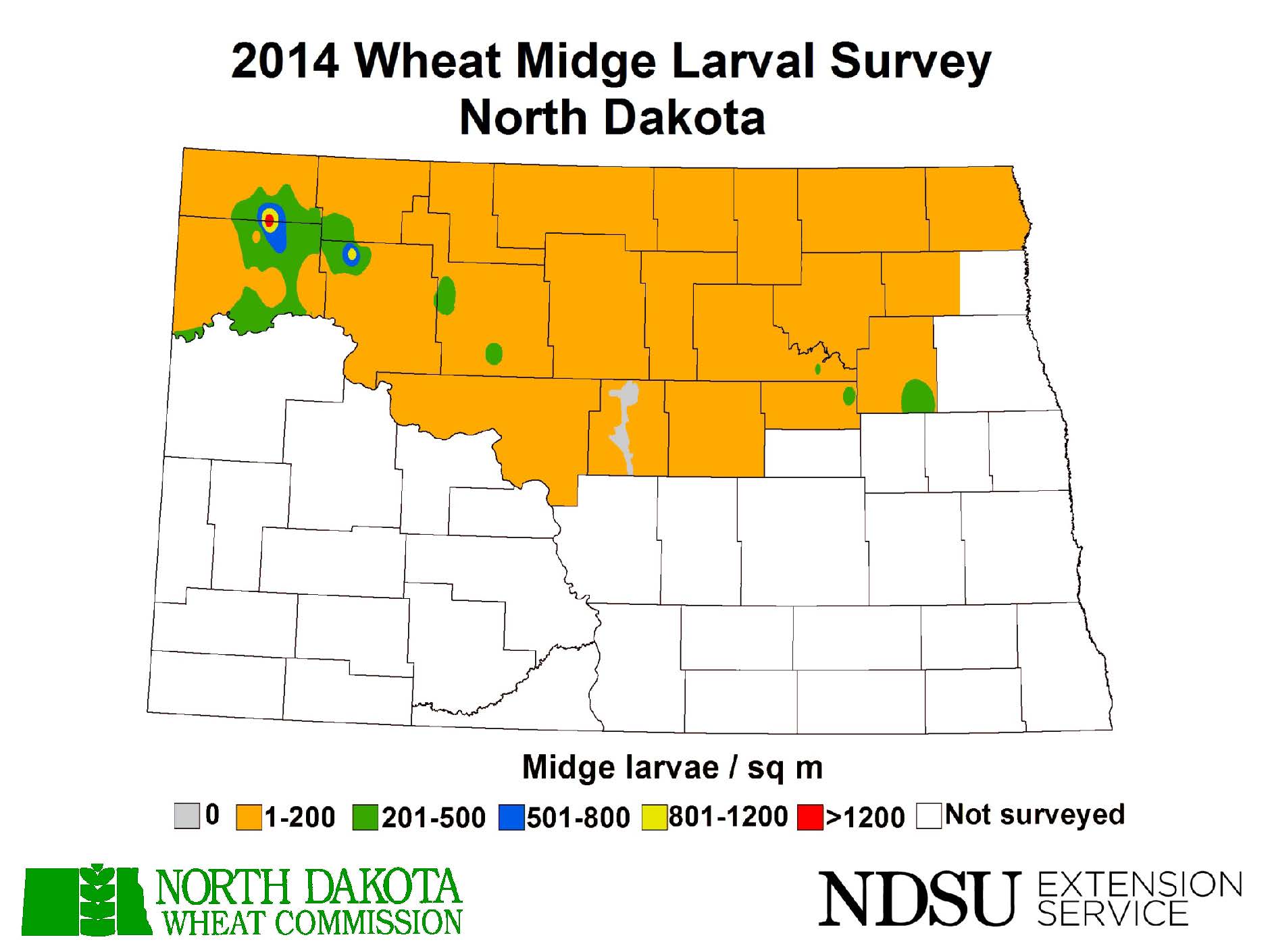 Map of North Dakota showing instances of wheat midge larvae in 2014
