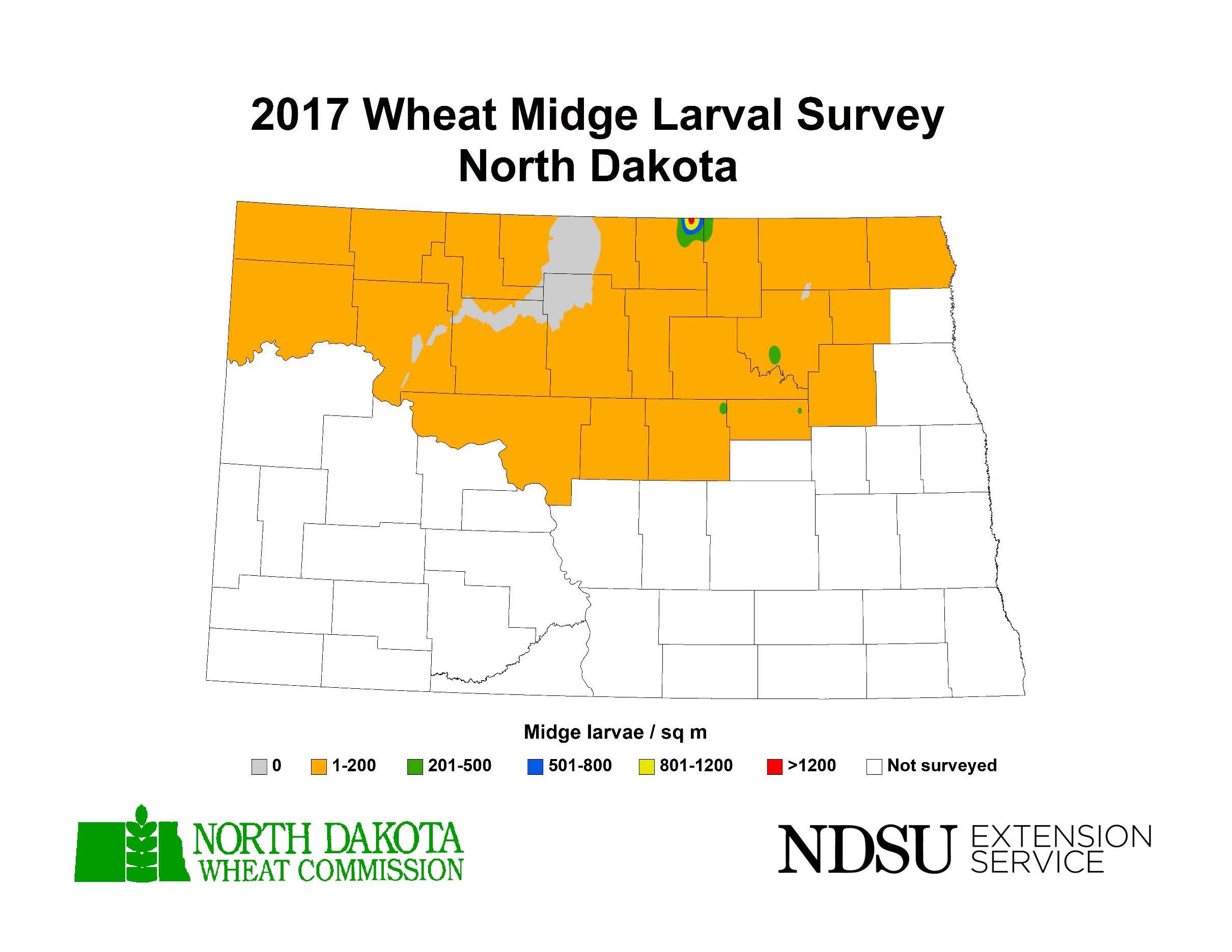 Map of North Dakota showing instances of wheat midge larvae in 2017