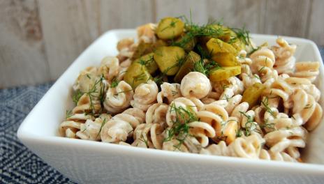 Dill Pickle Pasta Salad, prepared and served in a dish