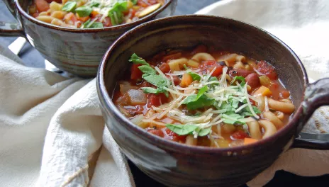 Loaded Minestrone Soup, prepared and served in bowls