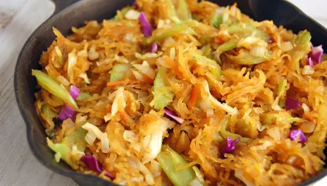 Spaghetti Squash Chow Mein, prepared and in a dish