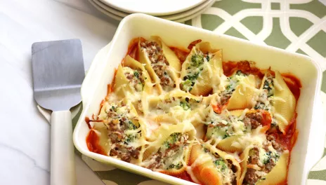 casserole dish with broccoli stuffed pasta shells