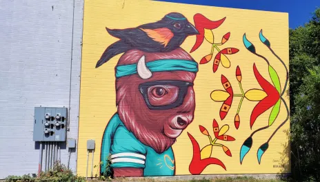 A painted wall featuring a bison and bird. 