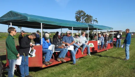 Michael Wunsch, plant pathologist at NDSU Carrington Research Extension Center, speaks to tour participants at a past Oakes Irrigation Research Site field day.