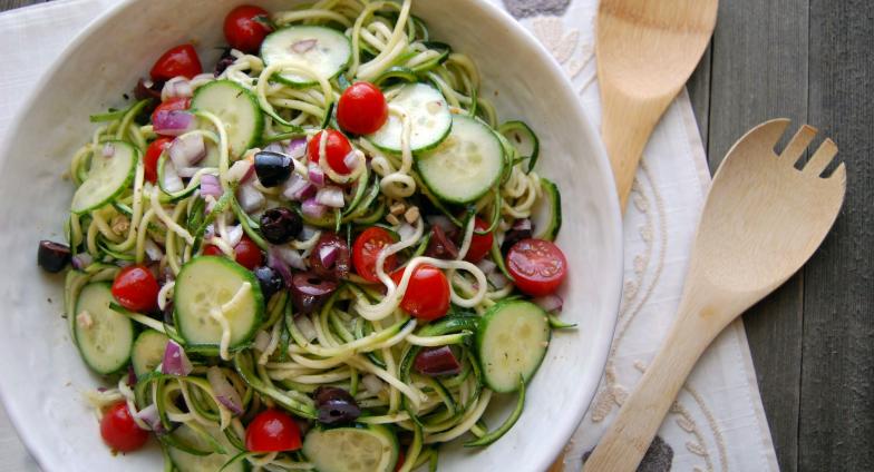 Greek Zoodle Salad, prepared and served in a dish