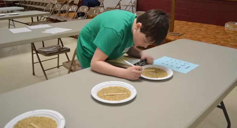 boy writing on sheet of paper with paper plates of seeds in front of him on table