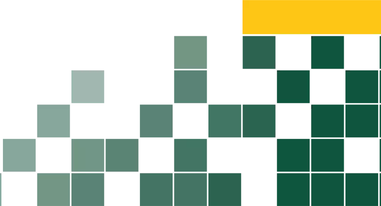 A graphic with several dark green blocks interspersed with light gray blocks. A narrow, gold rectangle tops the right side of the image.