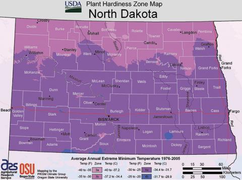Figure 1. USDA Plant Hardiness Zone Map for North Dakota