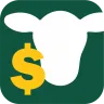  An app icon with a green background featuring small yellow dollar signs and a larger white farm animal head.