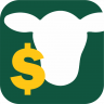 An app icon with a green background with a smaller dollar signs in yellow and a larger icon depicting the head of a farm animal in white.